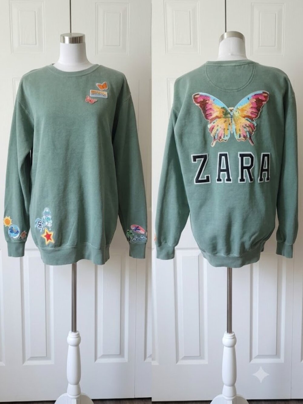 ZARA Green Distressed Butterfly Applique Sequin Sweatshirt Size Medium